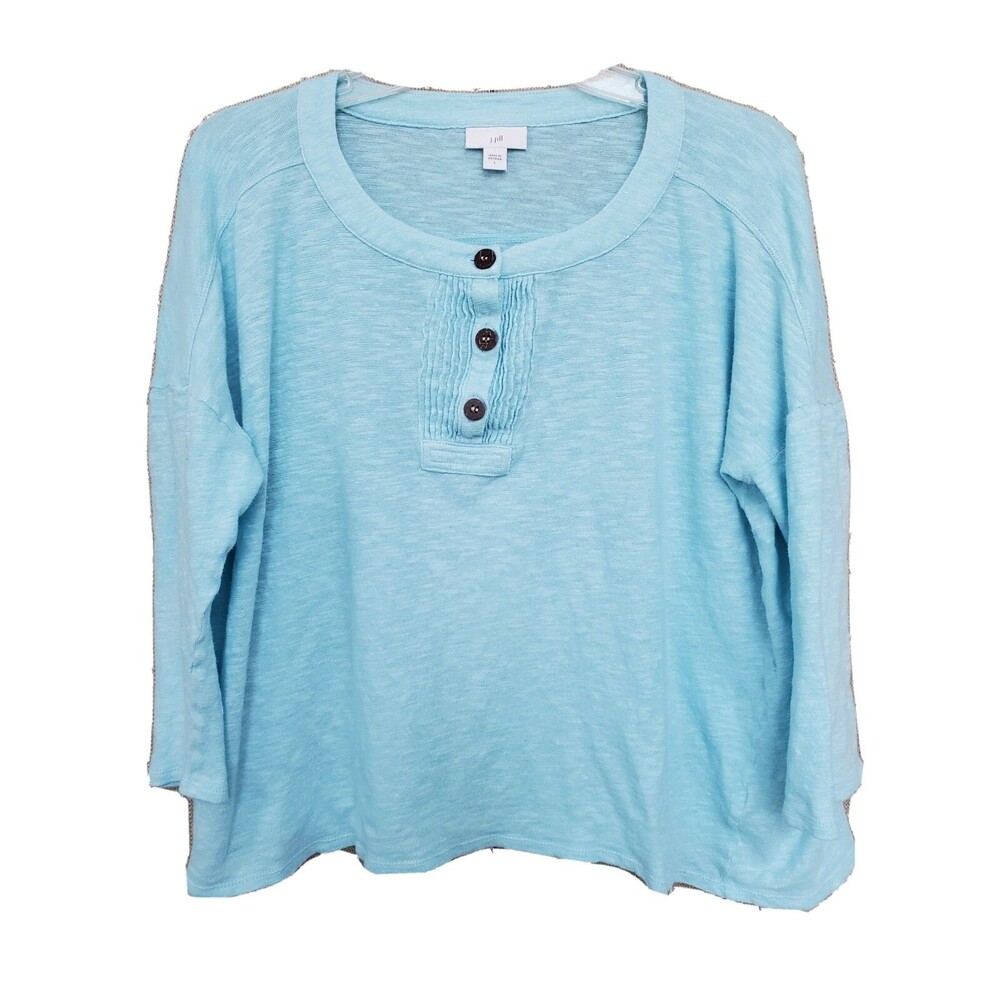 J Jill Linen/Cotton Blend Pleated Blue 3/4 Sleeve Henley Popover Blouse Sz Large